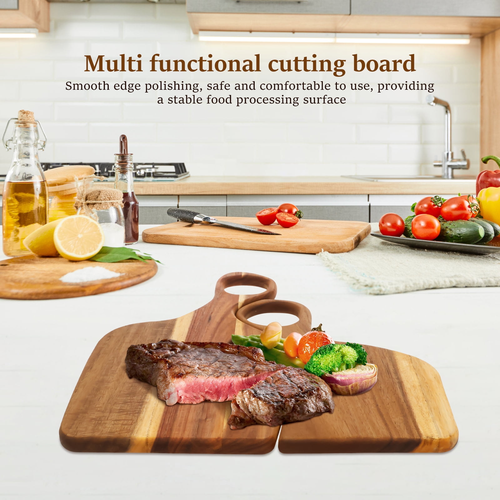 Grusce 2PCS Acacia Wood Couple Cutting Board, Smooth Edge Couple Charcuterie Board with Handle, Large Thick Wooden Cutting Boards, Kitchen Cutting Boards for Meat, Bread, Fruits Serving Board