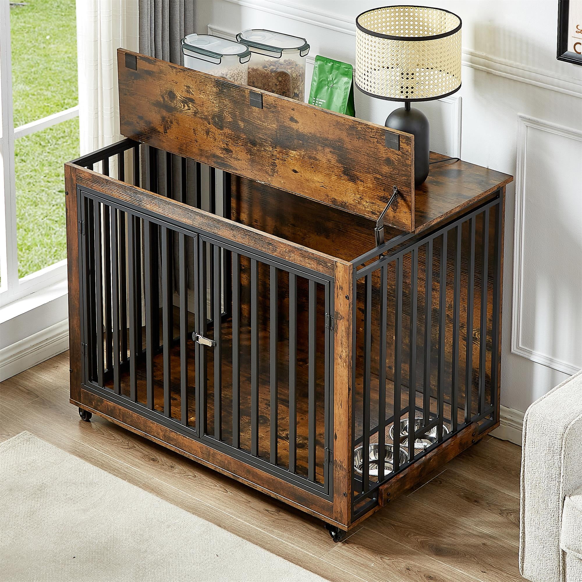 Pefilos 43" Dog Crate Furniture with Wheels, Wood Dog Cages for Medium Dogs, Double Door Dog Kennel, Dog House for Indoor, Brown Pefilos 43" Dog Crate Furniture with Wheels, Wood Dog Cages for Medium Dogs, Double Door Dog Kennel, Dog House for Indoor, Brown
