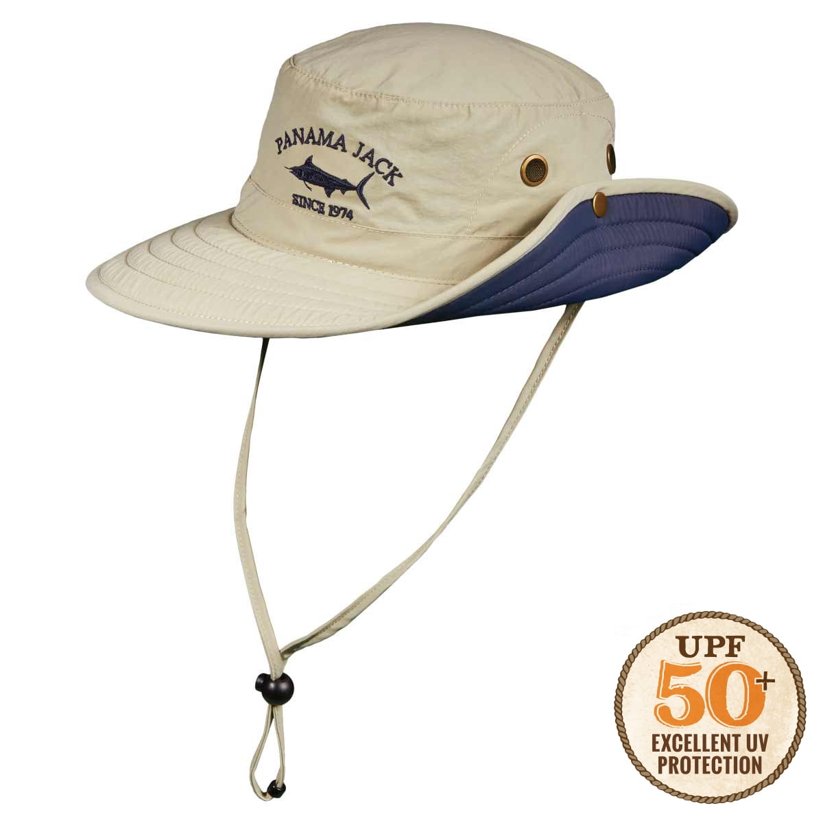 Panama Jack Boonie Fishing Hat - Lightweight, Packable, UPF (SPF) 50+ Sun Protection, 3" Floating Brim (Khaki/Navy, Medium)