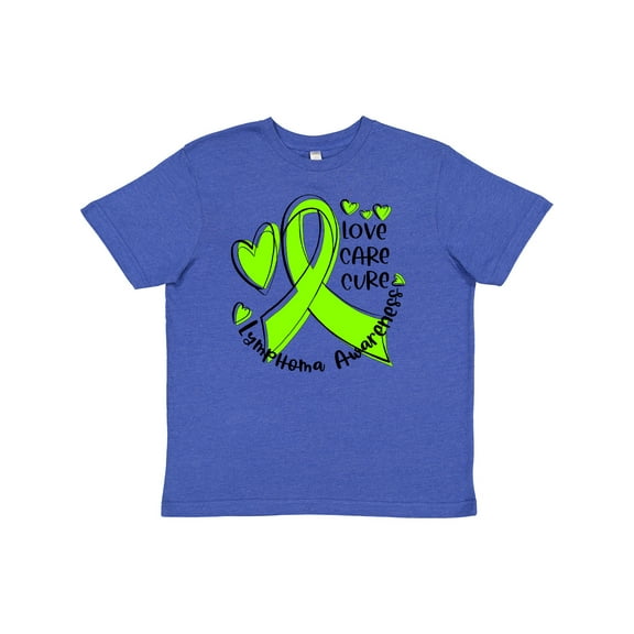 Inktastic Love, Care, Cure Lymphoma Awareness Lime Green Ribbon Hearts Youth T-Shirt