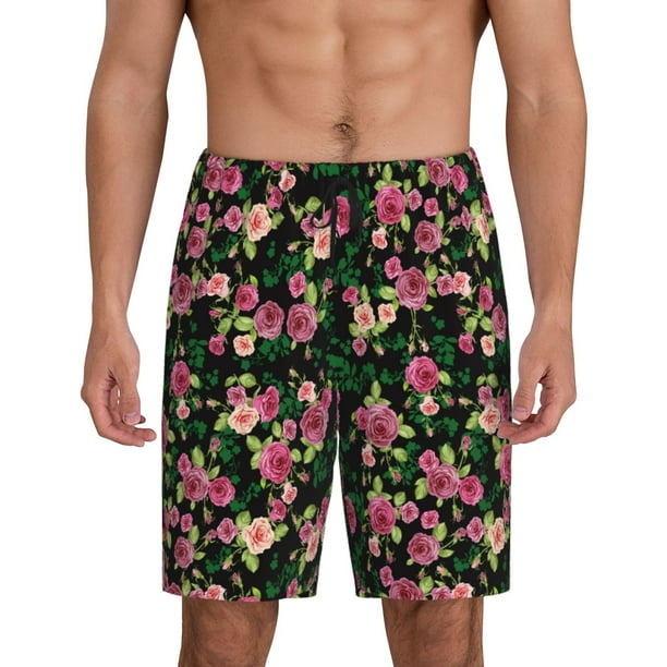 Balery Rose Flowers Pantalones cortos de pijama de punto de algodón para hombre con cinturilla y bolsillos-Medium