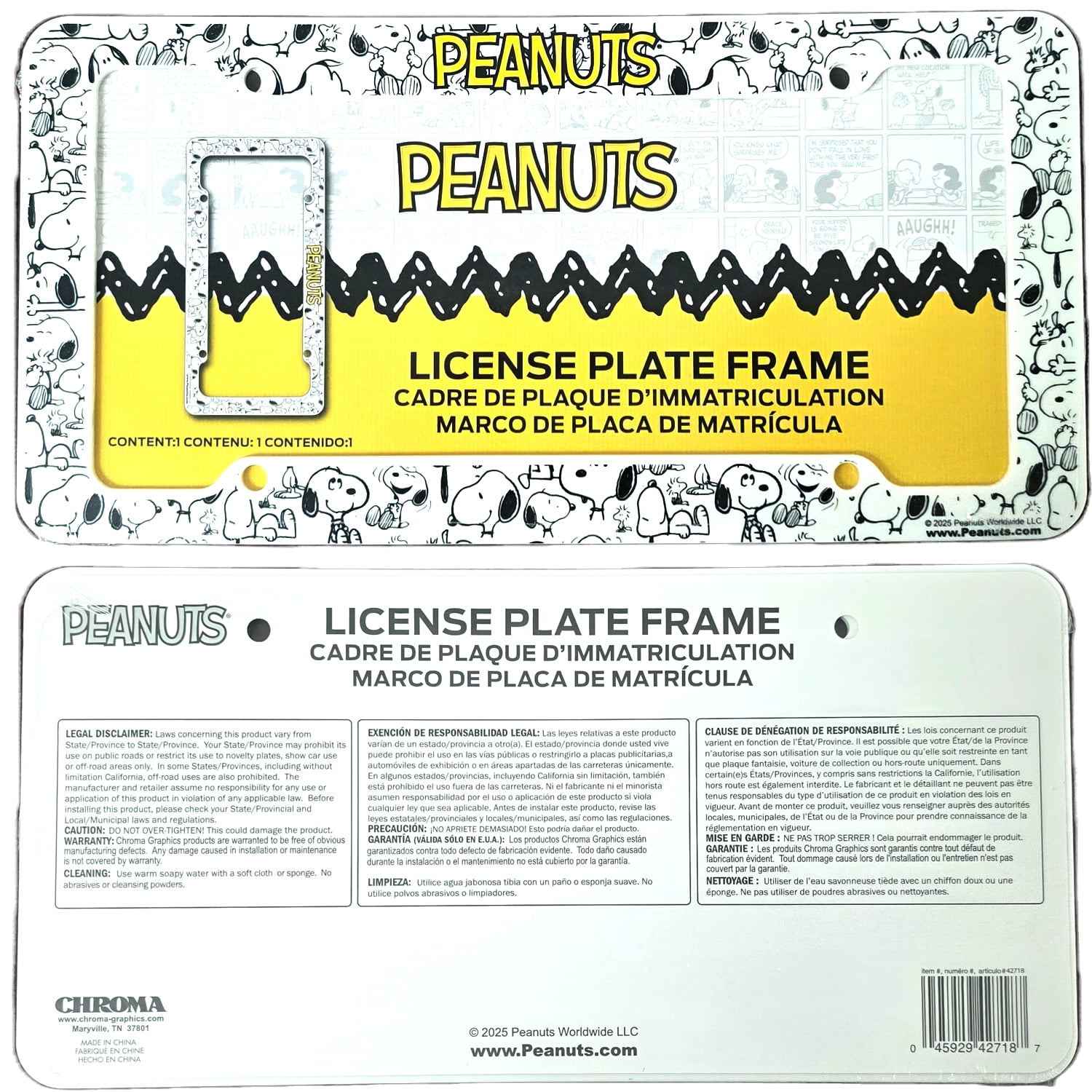Snoopy Expression License Plate Frame 2 Pack Bundle with Little Tree Air Freshener – Plasticolor Peanuts Snoopy Design, Universal Fit Standard Car Plate Frames, Plastic