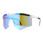 SA106 Futuristic Adjustable Arms Cyberpunk Monoblock Shield Sunglasses White Black Blue Mirror