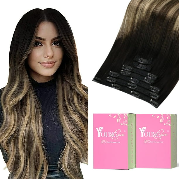 Extensiones con clip YoungSee de cabello humano real, extensiones de cabello real con clip, color negro a marrón, con balayage rubio caramelo para mujeres, 20 pulgadas, 4.23 oz, 7 unidades