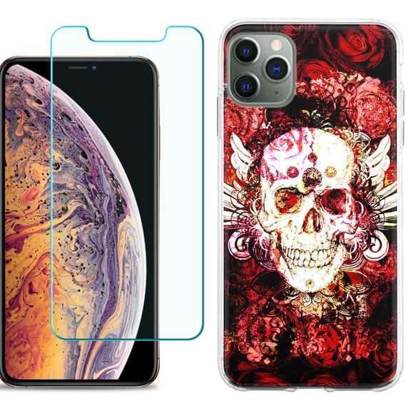 For Apple iPhone 11 Pro Max Phone Case , Slim-Fit TPU Case with Tempered Glass Screen Protector, by OneToughShield ® - Rose Skull