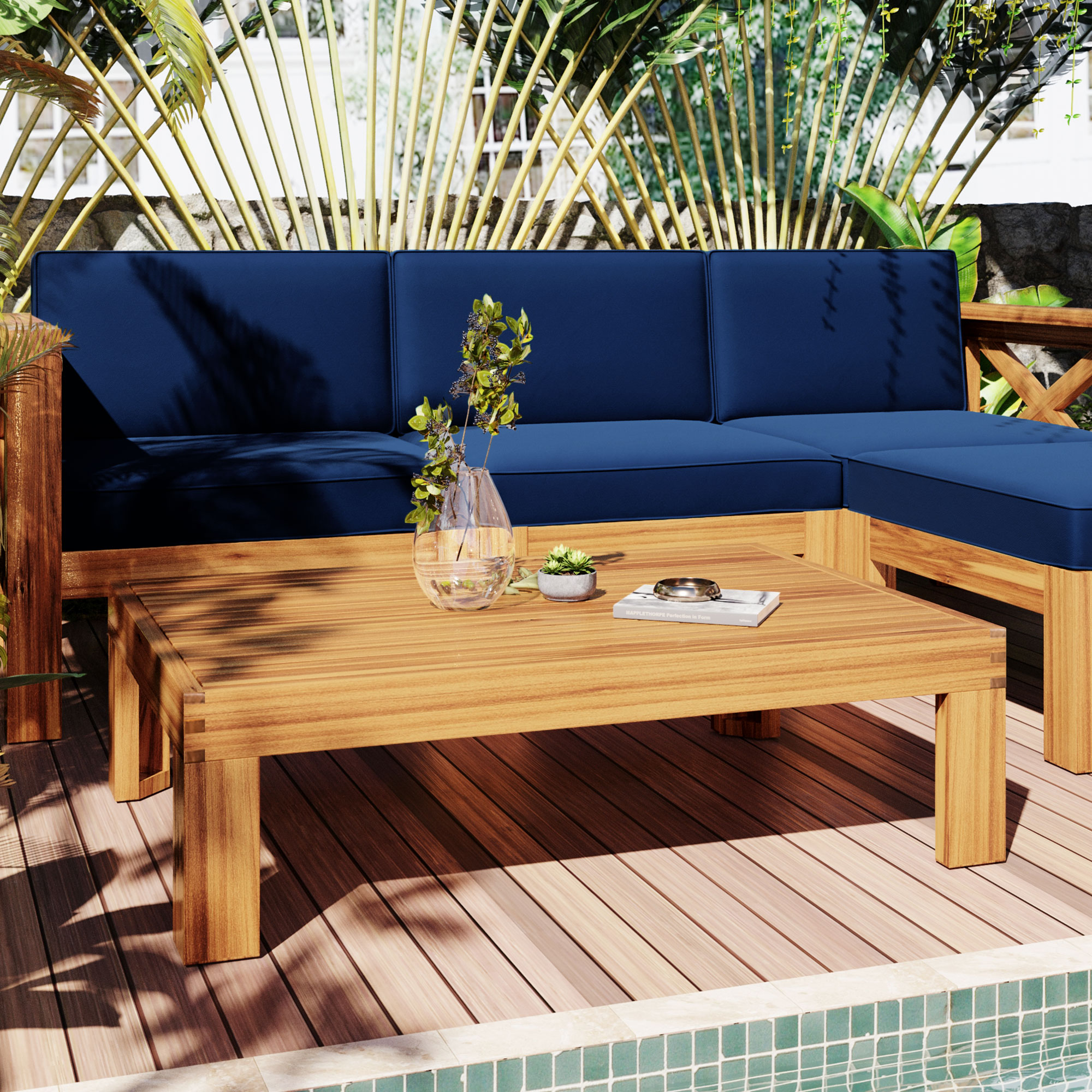 SEGMART 5 PCS Outdoor Acacia Wood Sofa Patio Furniture Set, Cushioned Sectional Sofa Set Chair with Ottoman and Coffee Table for Garden Balcony Poolside Living Room, Blue Cushions - image 2 of 10