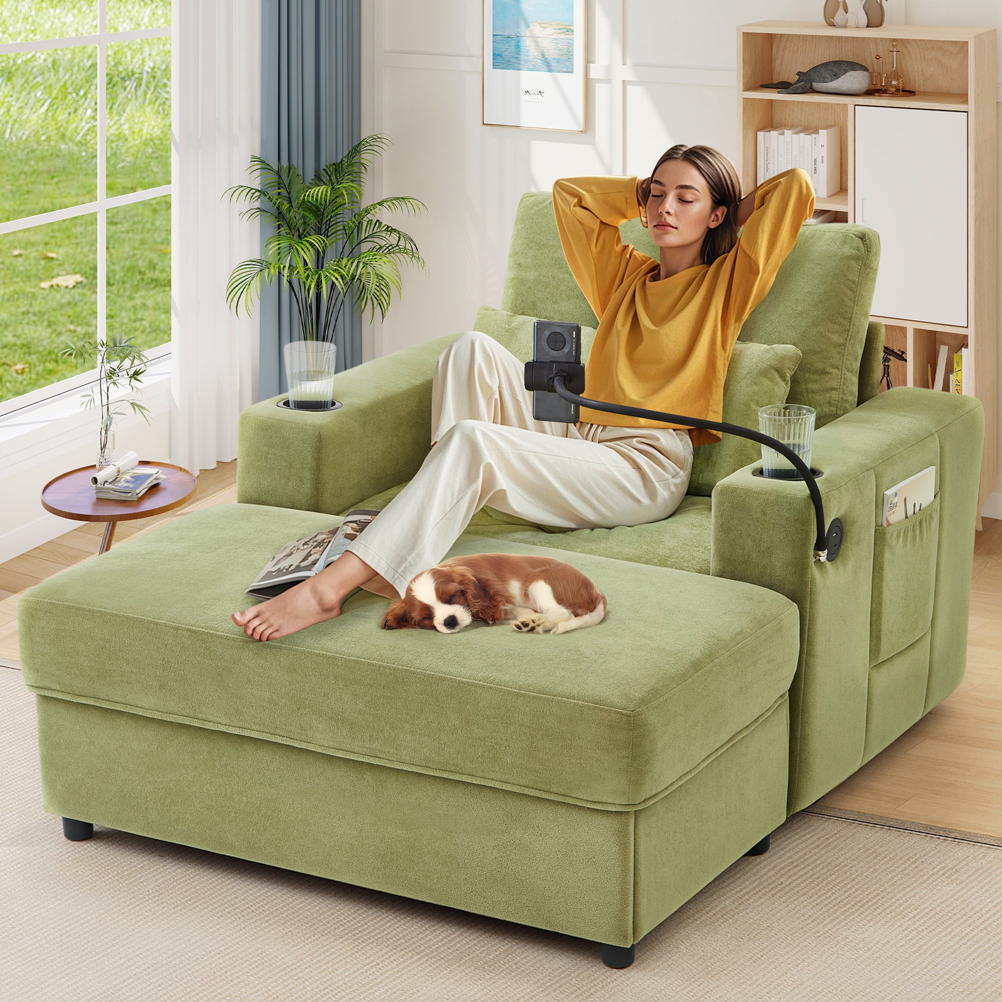 Lunale Accent Chair with Ottoman, Indoor Lounge Chair with USB & Storage, Modern Upholstered Sofa Armchair for Living Room, Bedroom, Apt., Green Chenille