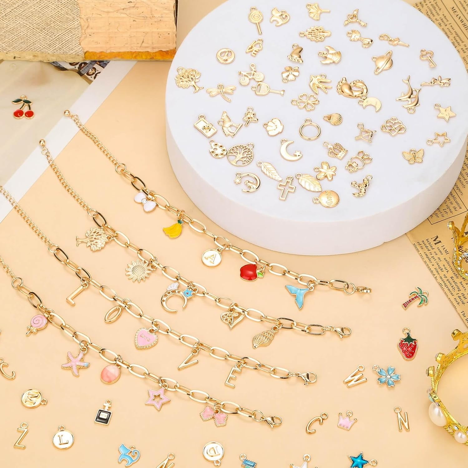 416 Pieces Gold Charm Bracelet Making Kit, Including Paperclip Chain Bracelets, Charms, Jump Rings for Jewelry Making
