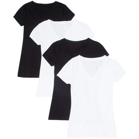 Lot de 2 Ou 4 T-Shirts Basiques à Manches Courtes à Col en V pour Femmes Zenana, Noir/blanc, Moyen