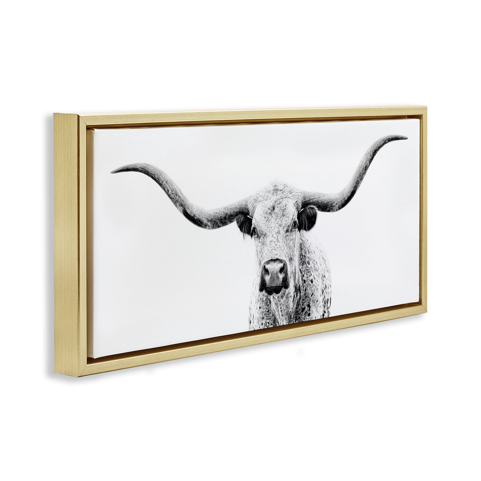 Stupell Industries Modern Longhorn Cattle Gazing Animals & Insects Photography Gold Floater Framed Canvas Art Print Wall Art, 31 x 14