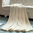 thumbnail image 2 of Flannel Blanket Soft Throw Blanket with Pompom Fringe Lightweight Bed Blanket Fit Couch Sofa(70"x 80")(Ivory), 2 of 10