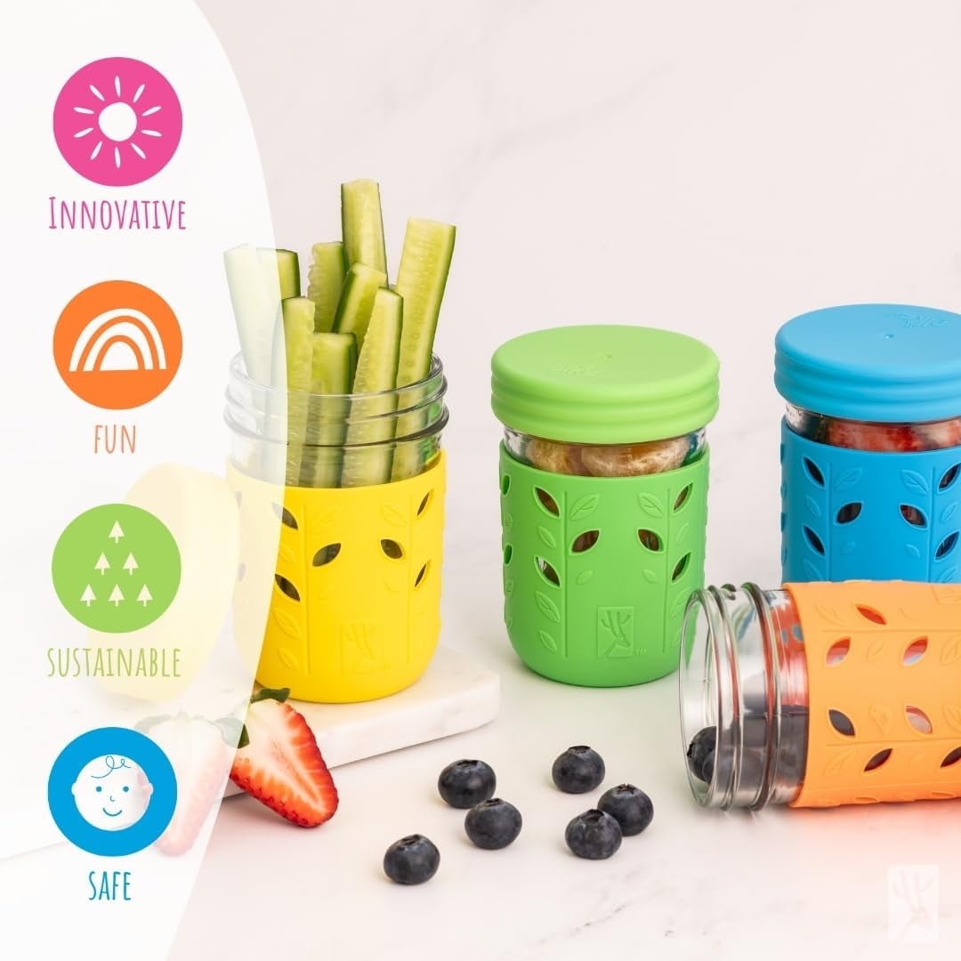 Kids + Toddler Glass Cups | The Original 8oz Glass Mason Jar with Sleeves + Lids | Silicone Straws + Stopper | Smoothie Cup | Food Storage | Spill Resistant | Dishwasher Safe | 4 Pack