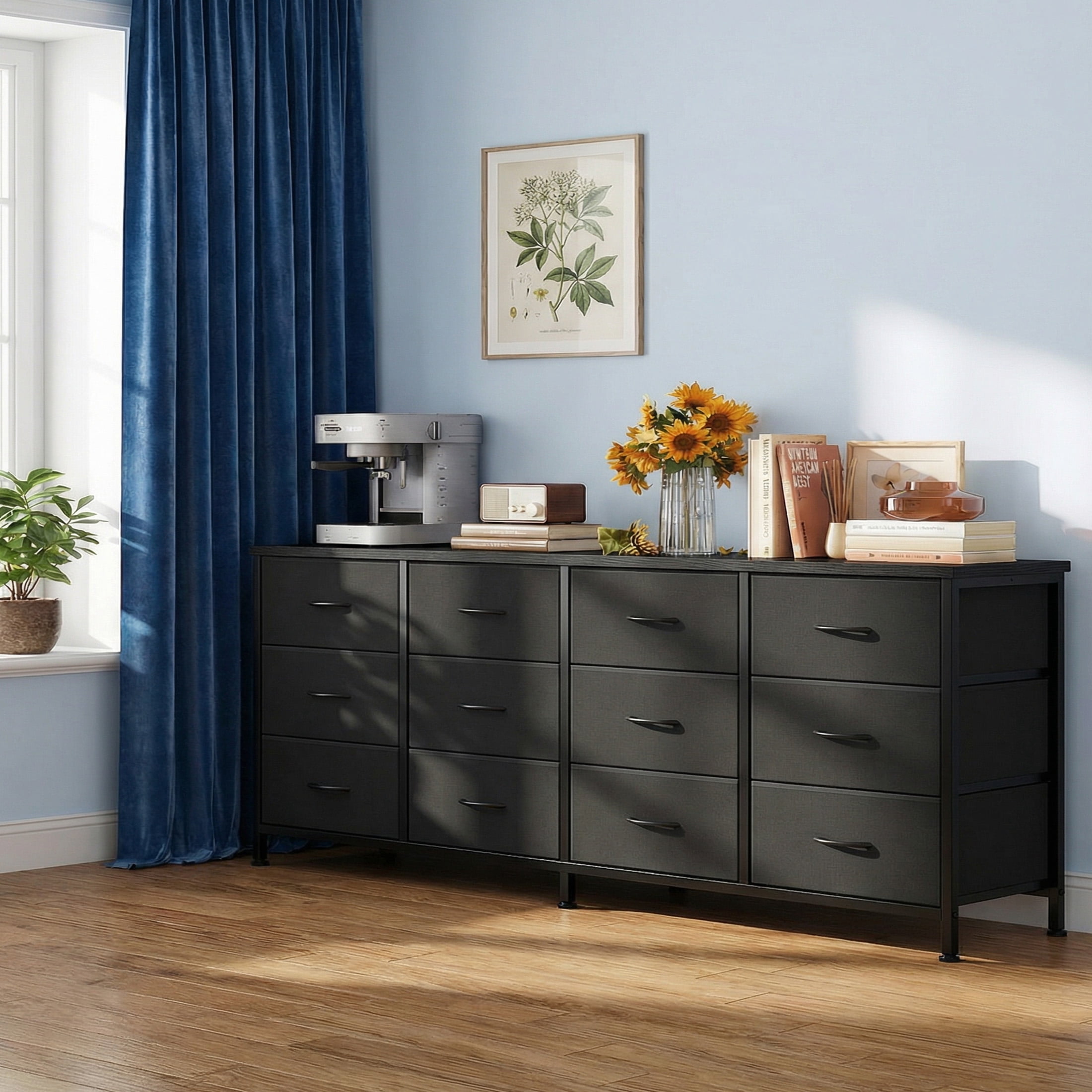 CONCETTA 12 Drawer Storage TV Dresser, Metal Frames Resist Deformation, Adjustable Feet Prevent Tipping, Accommodates TV Up to 80 inch, Suitable for Living Room,Black
