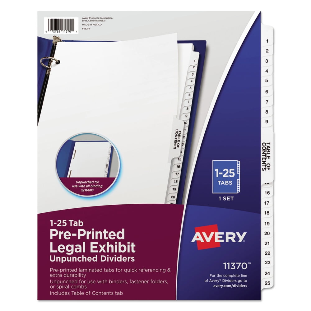 Allstate Style Avery Individual Legal Exhibit Dividers 2 Side Tab 8.5 x 11 inches 82200 Pack of 25 