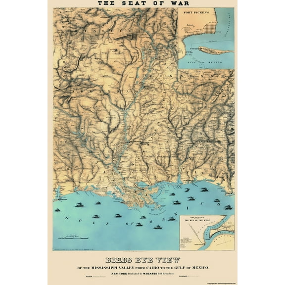 Historical Civil War Map - Cairo Mississippi Gulf of Mexico - Schaus 1861 - Vintage Wall Art