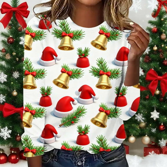 Qulqfy Womens Christmas Shirts Crew Neck Xmas Red Funny Cute Plus Size Jingle Bells Long Sleeve Blouses Family Christmas Shirts for Women