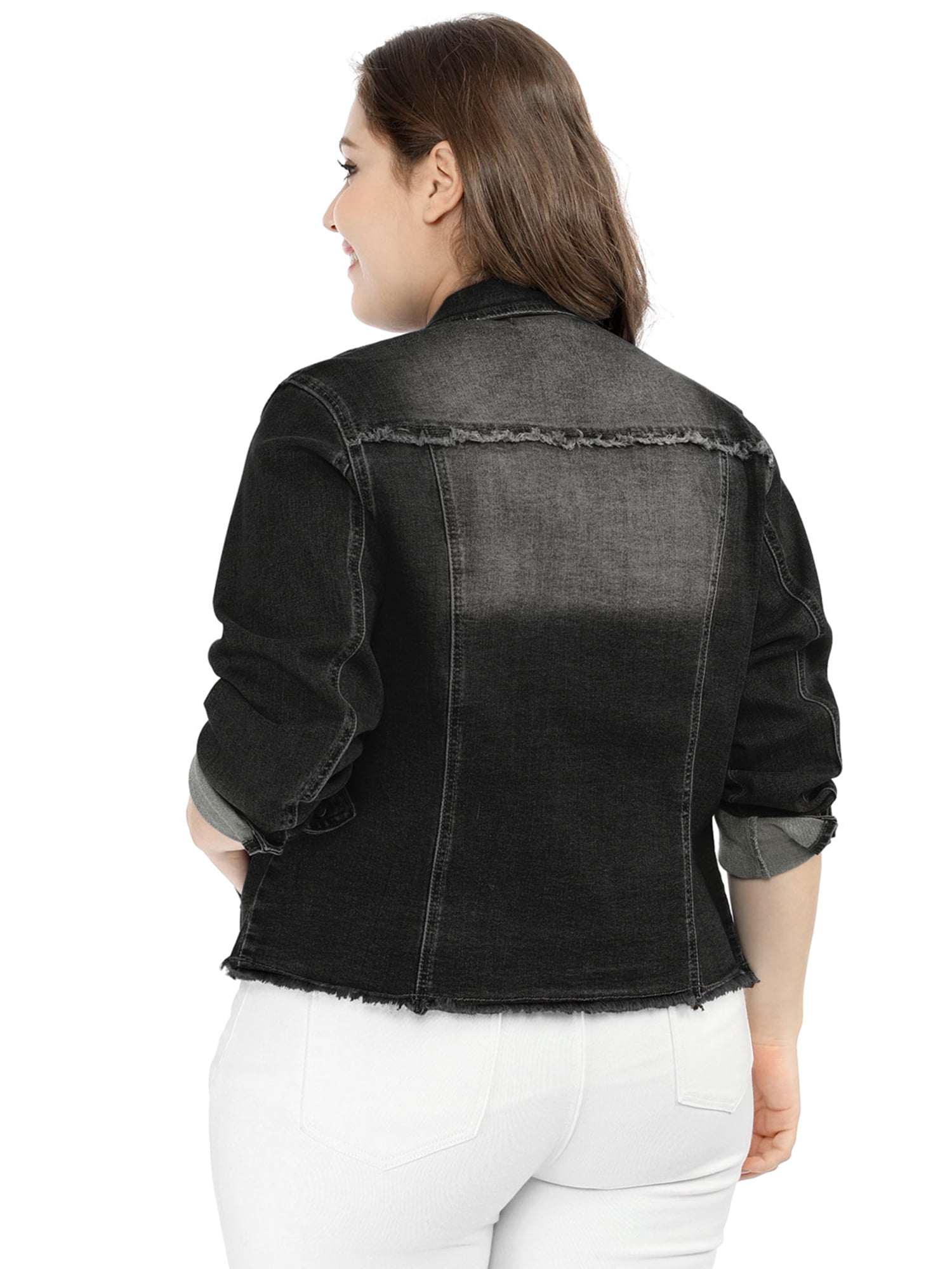 DARING DIVA Women's Plus Size Washed Front Frayed Classic Denim Jacket 6X Black