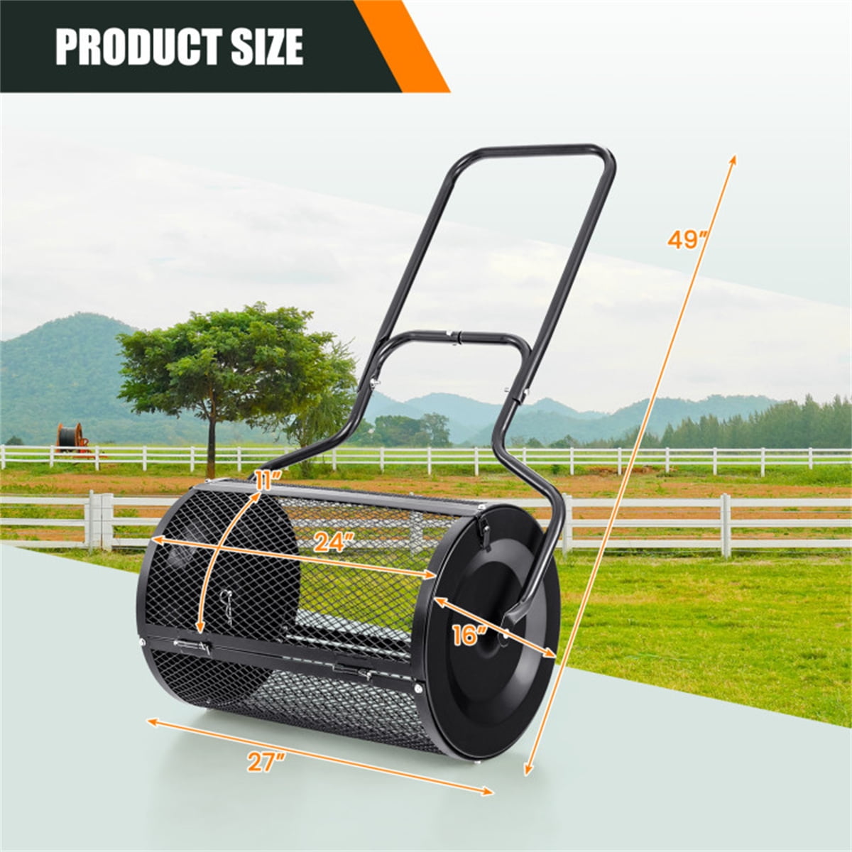 Metal Mesh Compost Spreader - 2.7 Cu. ft Large Capacity, 48.5" U-Shaped Ergonomic Handle & Even Spreading Design