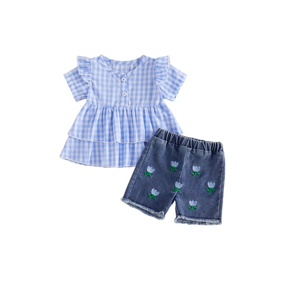 BemeyourBBs Toddler Baby Girl Summer Clothes Denim Outfits Plaid Short Sleeve Tunic Shirt Tops Strawberry Bowknot Floral Embroidery Jeans Shorts Set
