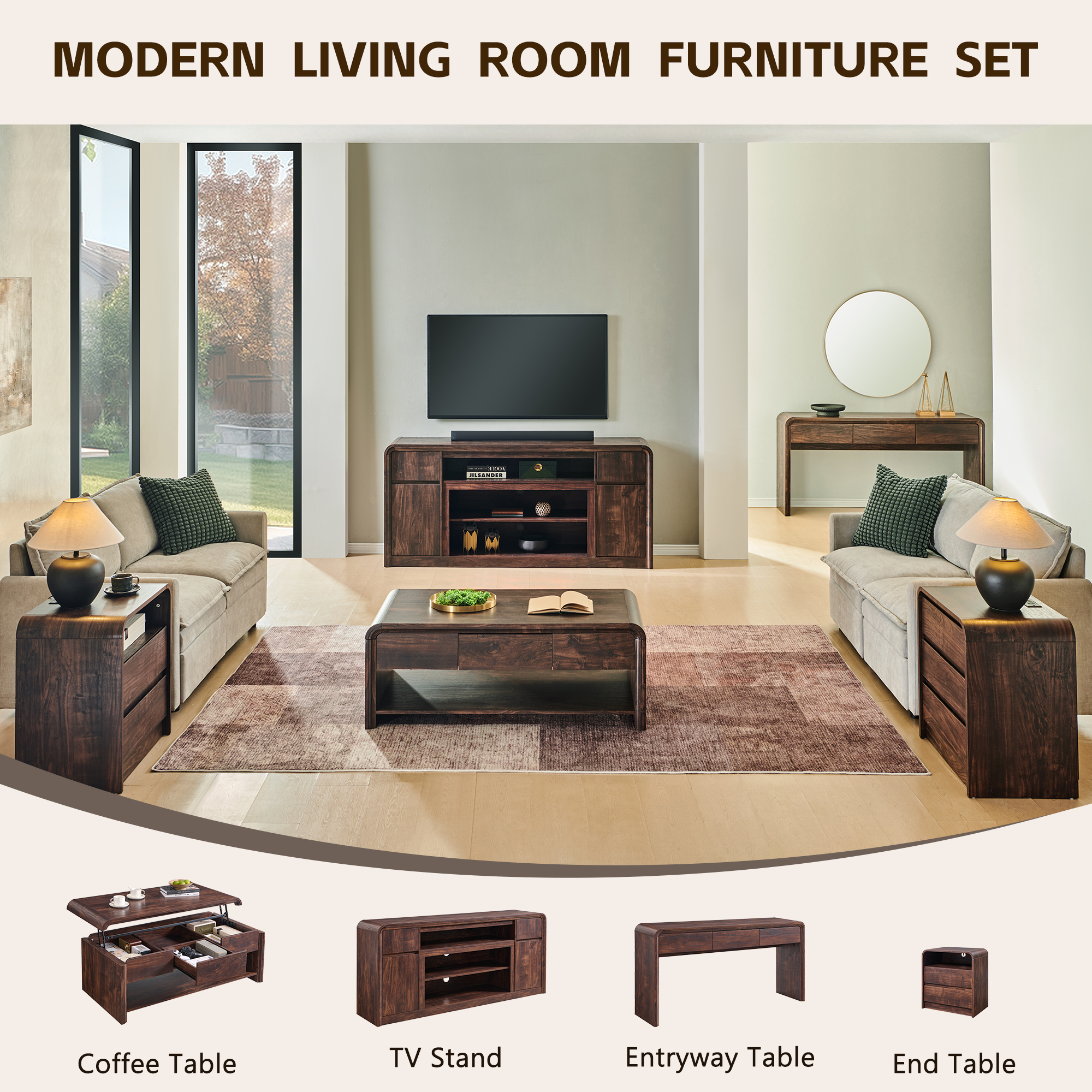 70" Modern TV Stand for TVs Up to 80 inch, 32" Tall Entertainment Center, Wood Media Console & Adjustable Shelves for Living Room, Curved Profile Design