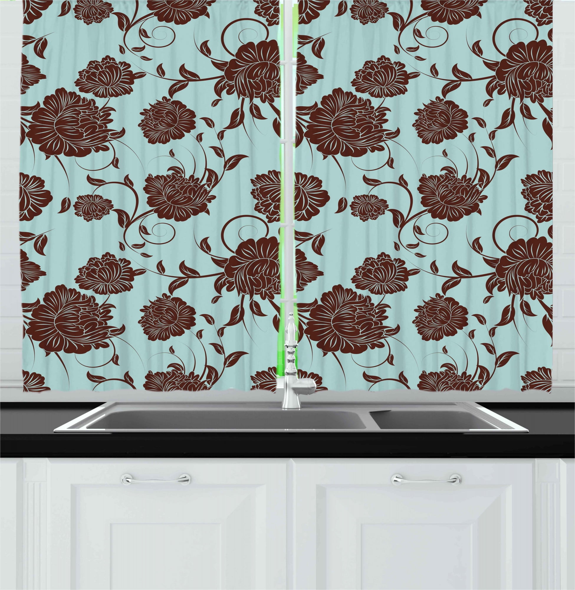 Floral Kitchen Curtains, Ornamental Flowers Design with Curvy Swirled