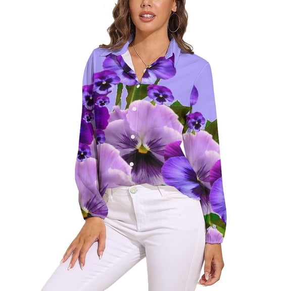 TOUCH OF SPRING PINK- PURPLE PANSY FLOWERS Long Sleeve Blouse Woman Streetwear Casual Shirts Summer Oversize Woman Streetwear Clothing Birthday Present