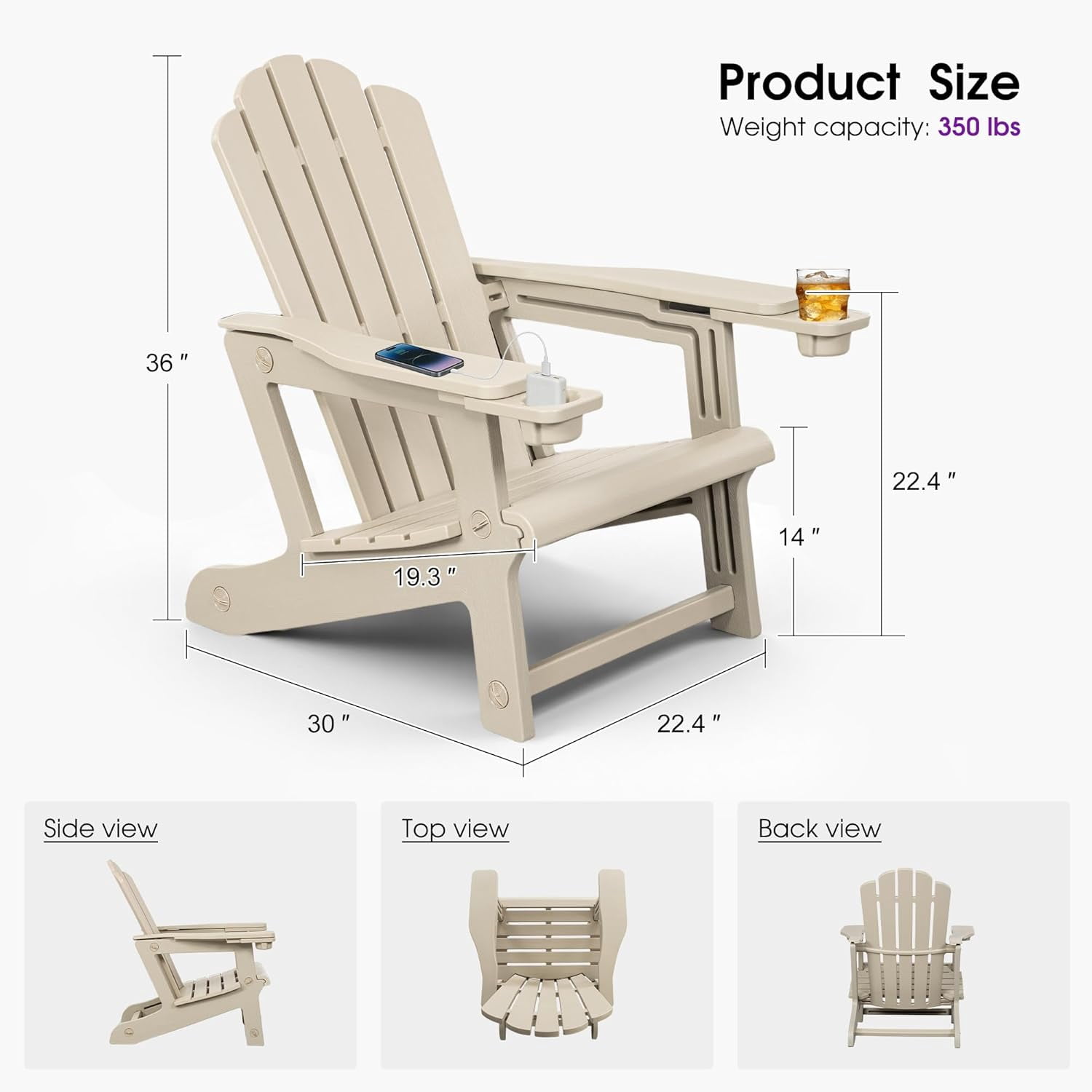 PURPLE LEAF Adirondack Chair HDPE All-Weather Outdoor Fire Pit Chair with 24.6" Oversized Seat Wood-Textured Patio Adirondack Chair with Dual Cup Holders for Garden Deck Backyard, Champagne