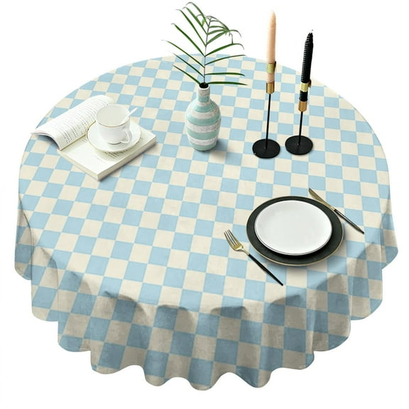 Light Blue and Cream Checkered Pattern Round Tablecloth 60"x60",Wrinkle Wipeable Table Cloth for Kitchen Dining Room Picnic Patio Party
