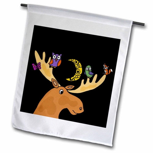 3dRose, Funny Cute Moose with owls and Fox on Antlers, 12 x 18 inch Garden Flag