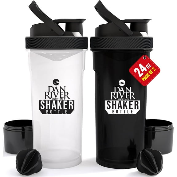 Dan River 2-Pack Shaker Bottle 24oz | 2 pcs Plastic Protein Shaker & Mixer | Twist & Lock Design for Smoothies & Protein Mixes | Leak-Proof & Easy to Clean | Clear & Black Shaker Bottles for Gym