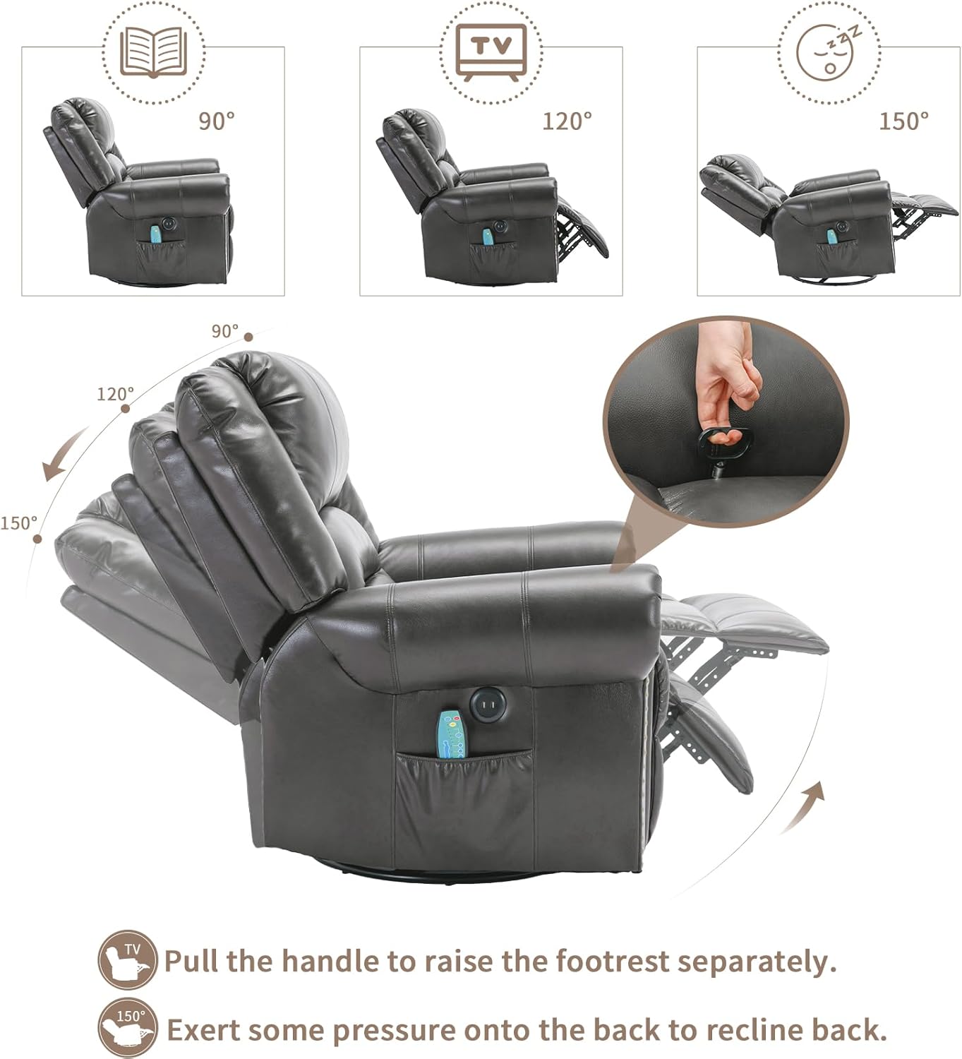 EPICOZY Manual Massage Swivel Rocker Recliner with Heat and Vibration, 360° Swivel Glider Rocking Recliner Chair, Classic Living Room Lounge Recliners with Side Pockets & USB Ports, Grey