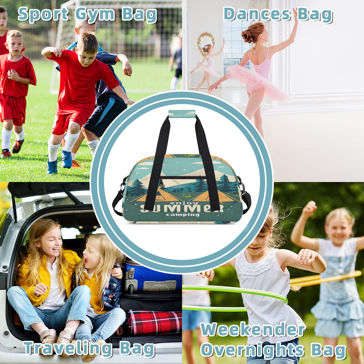 Herdesigns Camping Theme Sports Duffle Bag for Women & Men, Gym Bag Dance Bag Overnight Bag Carry On Weekender Travel Bag
