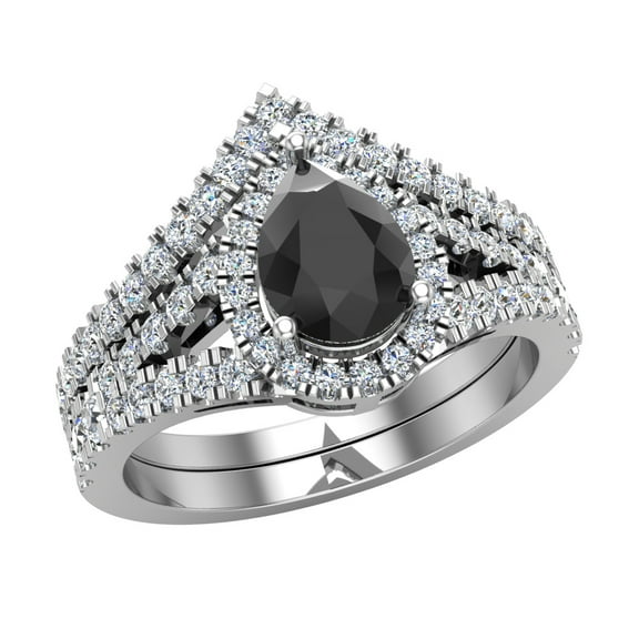 Pear Cut Black & Round Diamond Wedding Ring Set 14K White Gold (I,I1)