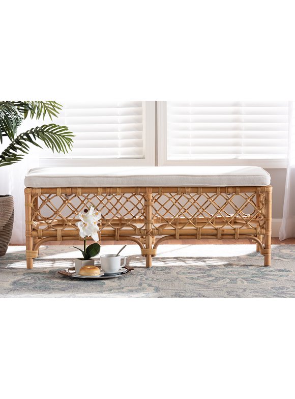 Baxton Studio Orchard Modern Bohemian White Fabric Upholstered and Natural Brown Rattan Bench