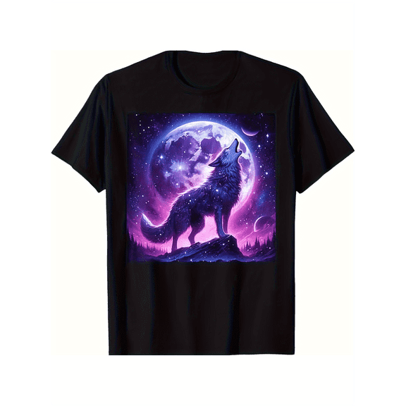 Wolf Howl Galaxy Purple Starry Night Wolf Enthusiast T-Shirt, Pure Cotton, Men's and Women's Dad Mom Friend Gift, S XXXL, Black