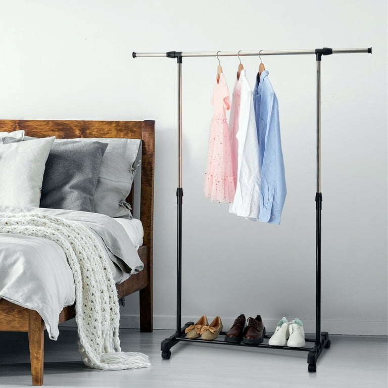 Ktaxon Single Bar Vertical and Horizontal Stretching Stand Clothes Rack with Shoe Shelf Black Silver