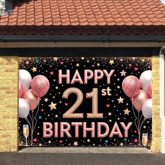 Pink Gold Theme 21st Birthday Banner Sparkling Design Display Glittery Balloons Star Heart Decor 21st Bash Backdrop for 21st Birthday Party Adult Celebration Birthday Bash