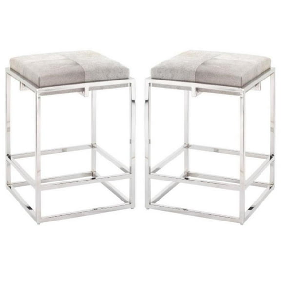 Home Square Modern Stainless Steel Hide Counter Stool in Nickel Gray - Set of 2