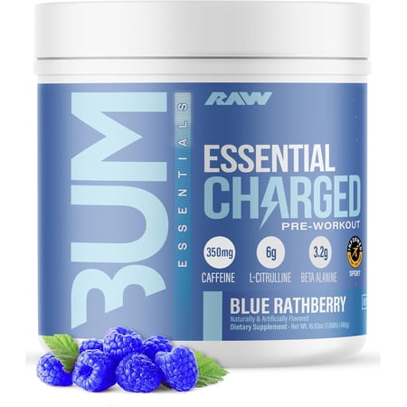 Raw Nutrition Essential Charged Pre-Workout Powder, Blue Rathberry, 25 Servings