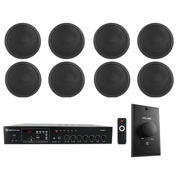 Rockville Commercial Restaurant Amp (8) 5" Black Ceiling Speakers Wall Control