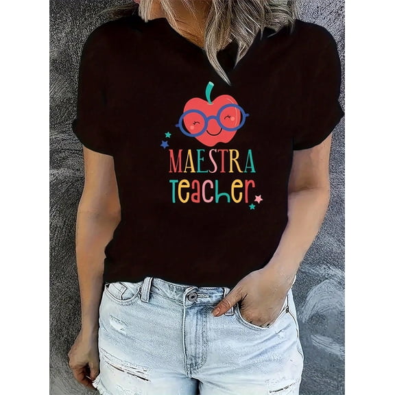 Cute Maestra Teacher Appreciation Gift T-Shirt | Funny Apple with Glasses Graphic Tee for Women | Back to School Present