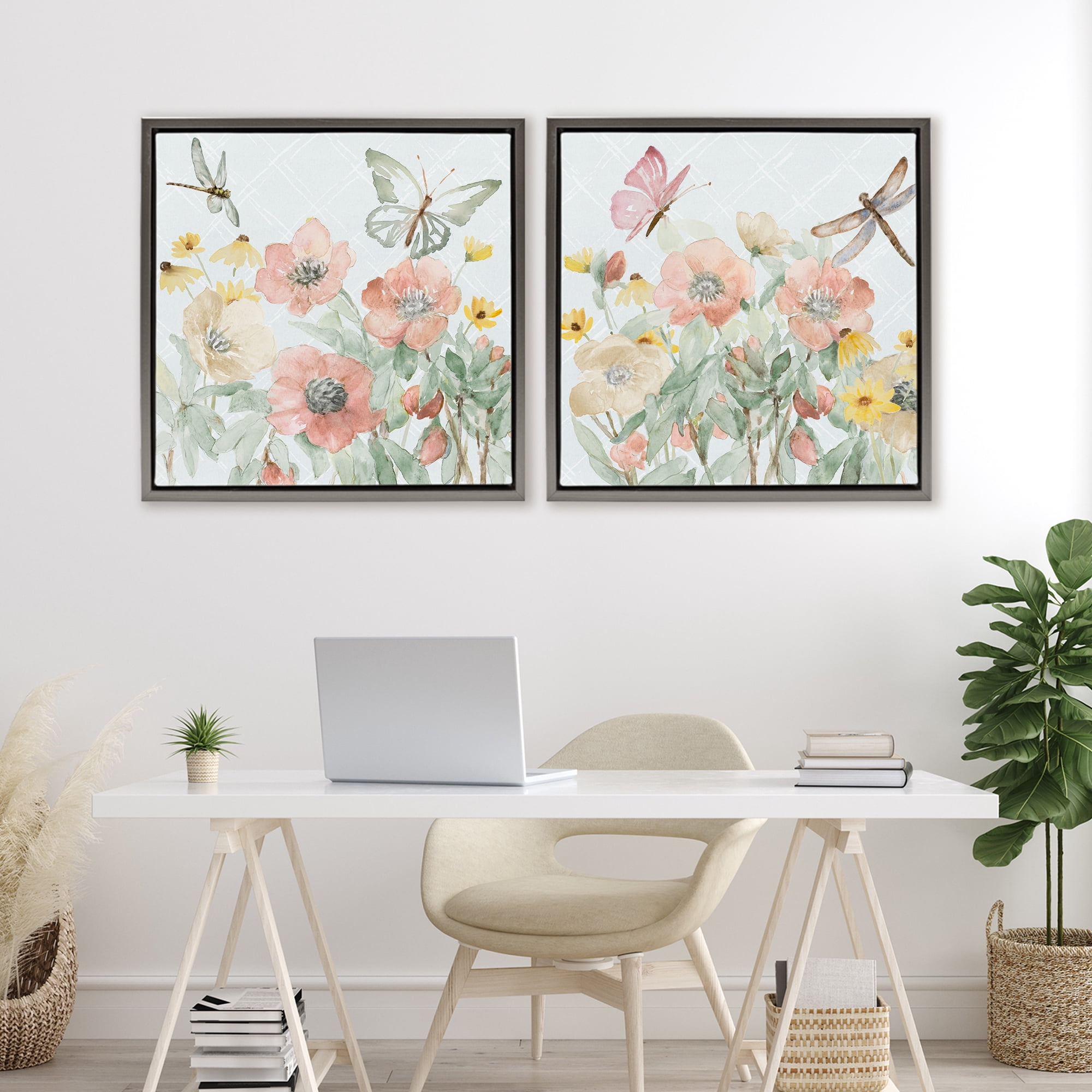 Stupell Industries Delicate Garden Joy 2 Piece Gray Framed Floater Canvas Set, design by Lanie Loreth