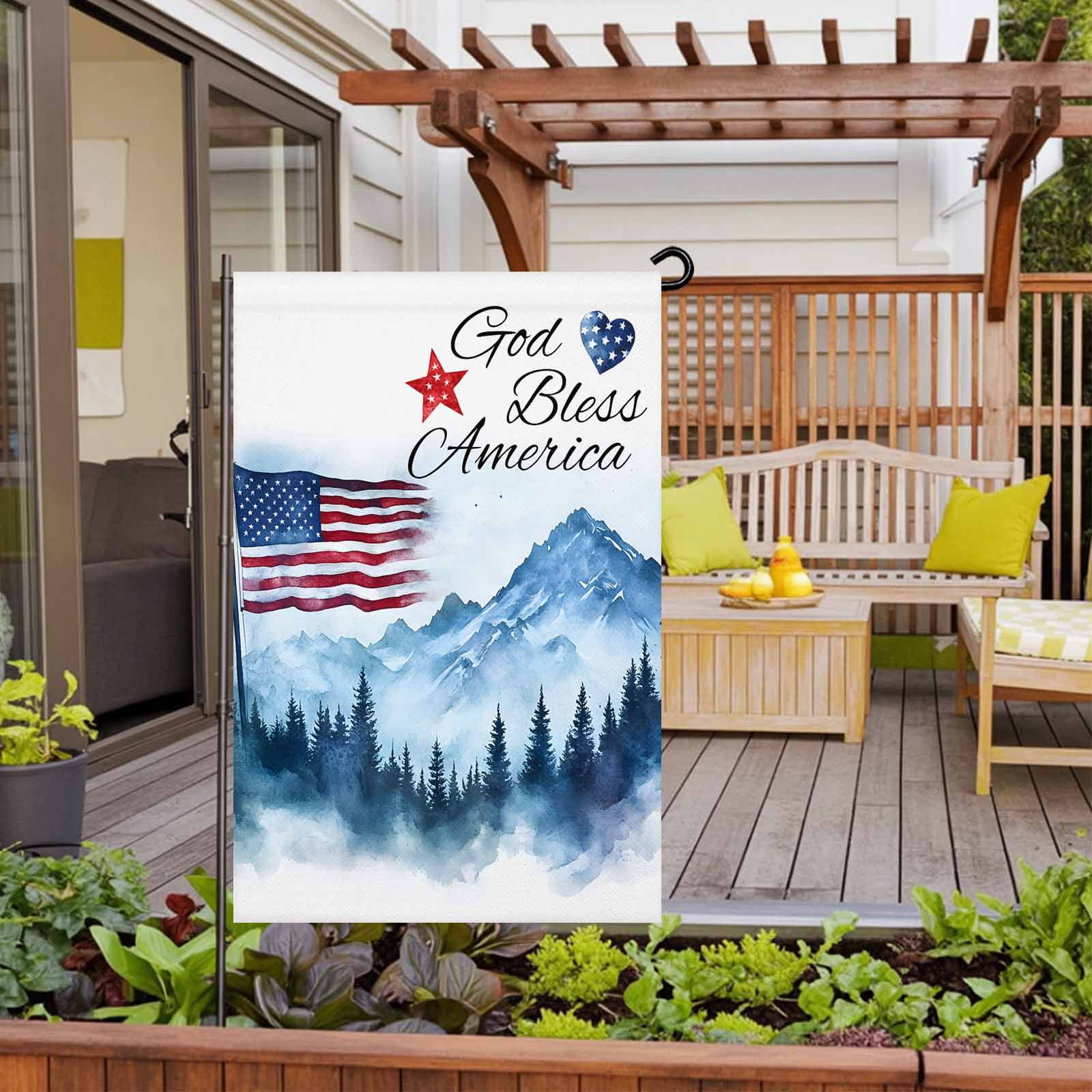 Independence Day Garden Flag 28x40 Inch God Bless American Mountains Double Sided Small Decorative Garden Flags for Outside, Outdoor Yard Porch Lawn Decoration