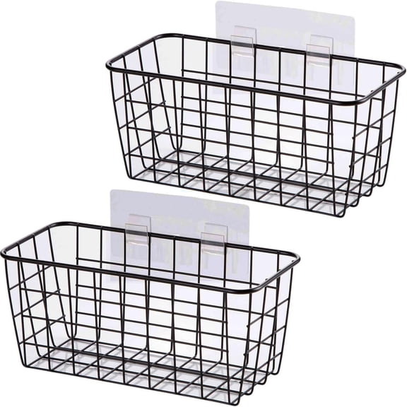 XIBUFE Black Hanging Wall Baskets,Inside Cabinet Door Organizer,Adhesive Wire Wall Storage Baskets for Pantry and Organizer, Kitchen Onion Food Photo Bathroom,No Drilling Wall Mounted Basket,2 Pack
