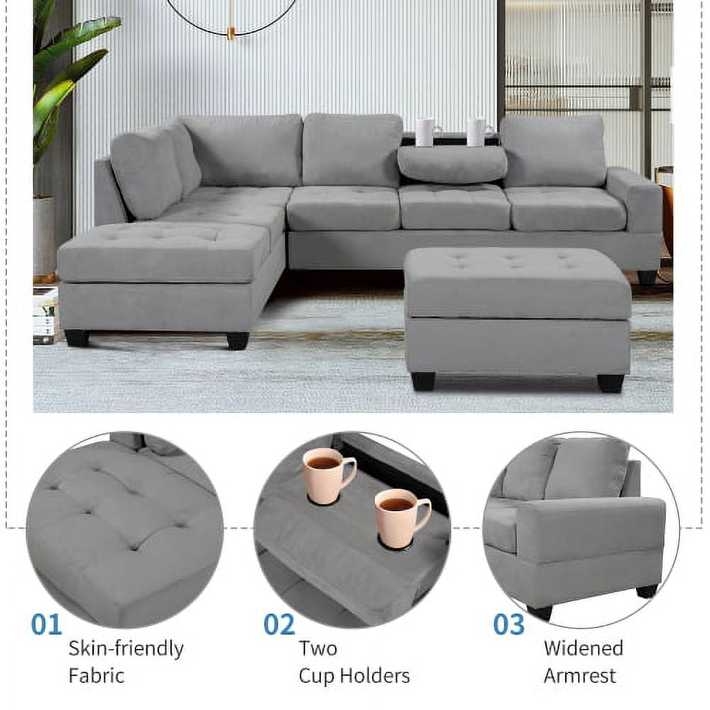 MOONMISS Orisfur. Modern Sectional Sofa with Reversible Chaise, L Shaped Couch Set with Storage Ottoman and Two Cup Holders for Living Room，Light Gray