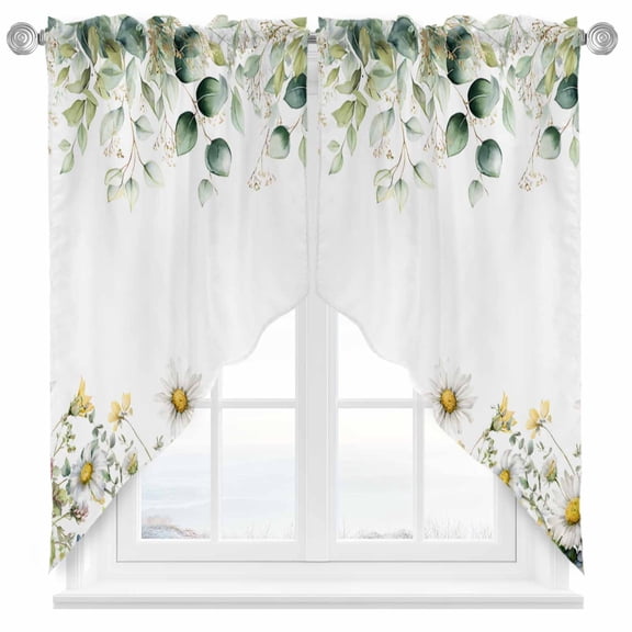 Eucalyptus Leaf Chamomile Swag Kitchen Curtain Valances, Vintage White Floral Rustic Green Botanical Rod Pocket Curtains Window Treatment Decor Valances for Bedroom Bathroom, 2 Panels 28 x 36 Inch