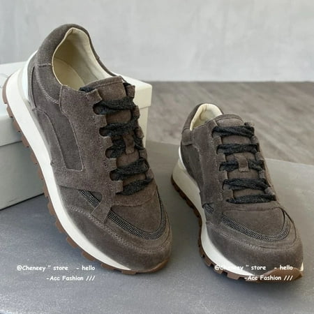

New 2023 Round Toe Women s Sneakers Genuine Leather Luxury Bead Chain Casual Sports Shoes For Woman