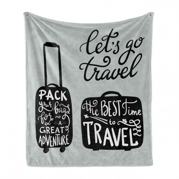 Adventure Soft Flannel Fleece Throw Blanket, Packing the Bags and Traveling World Journey and Fun Themed Work of Art Print, Cozy Plush for Indoor and Outdoor Use, 60" x 80", Black White, by Ambesonne