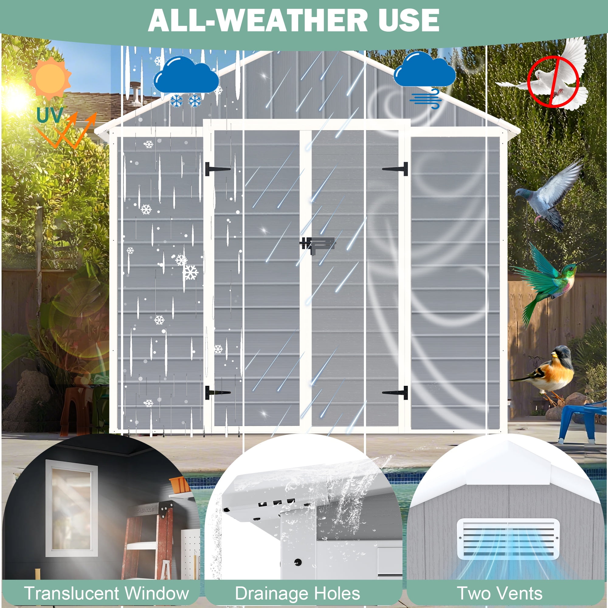 7.5x6.5FT Shed and Outdoor Storage, All-weather Plastic Shed XL Size with Floor, Tool Bike Storage Shed for Garden Yard, Double Vent, Drainage Hole, Multi-purpose Outdoor Storage
