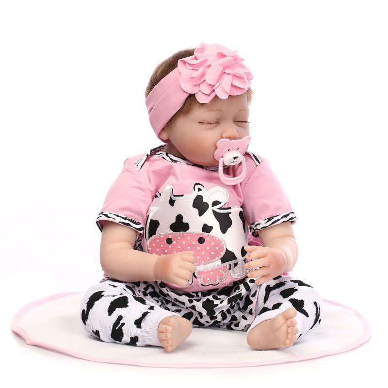 Sleeping Reborn Baby Doll Girl That Look Real Silicone Pink with Cow Pattern 22 